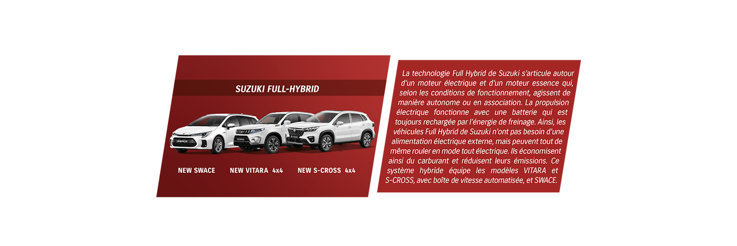 Trois Suzuki Full Hybrid avec texte.