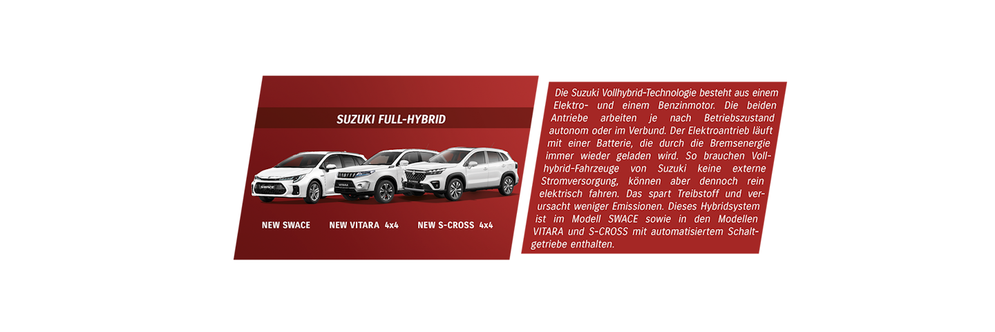 Drei Suzuki Full-Hybrid mit Text.